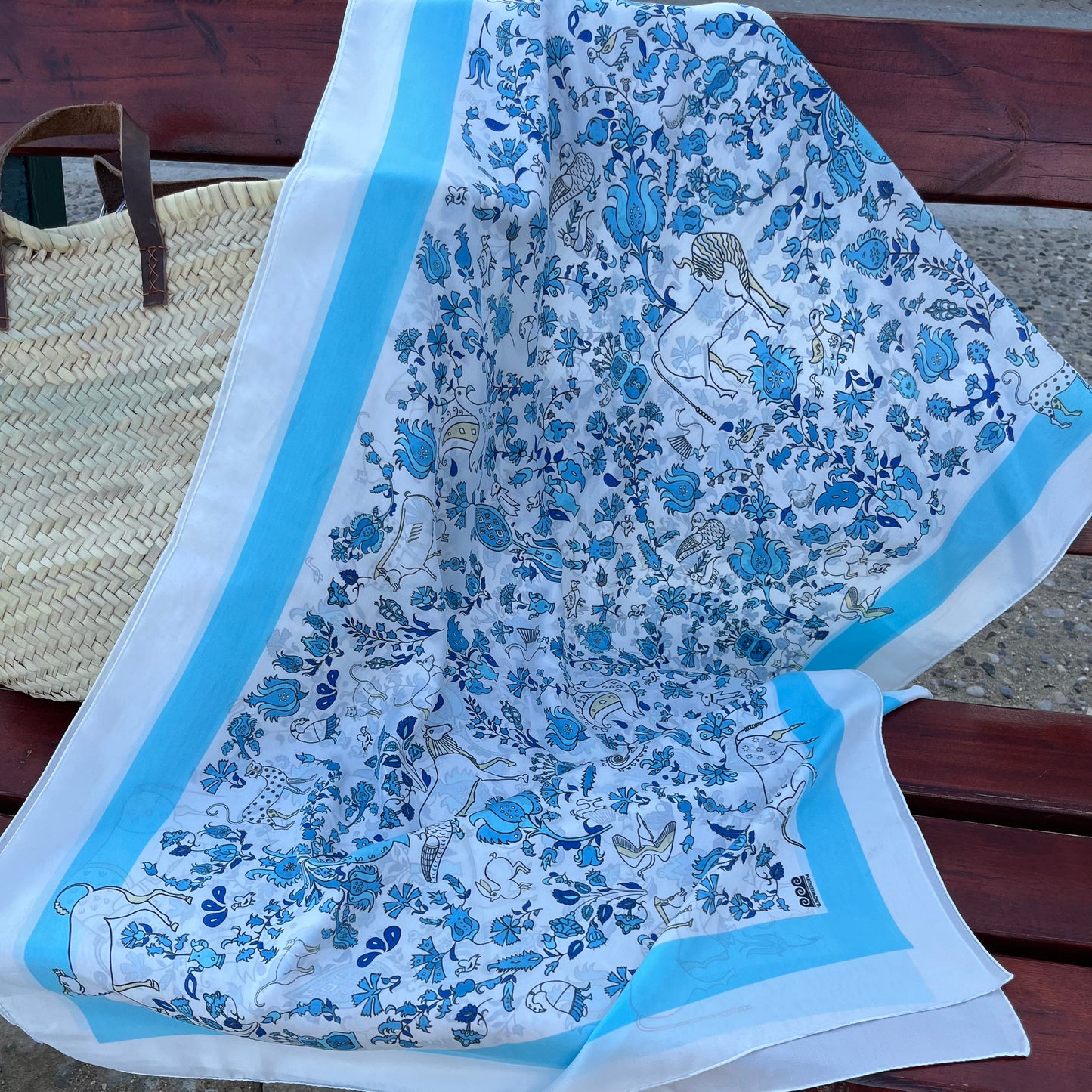 Long scarf shawl with traditional Greek animals and flowers