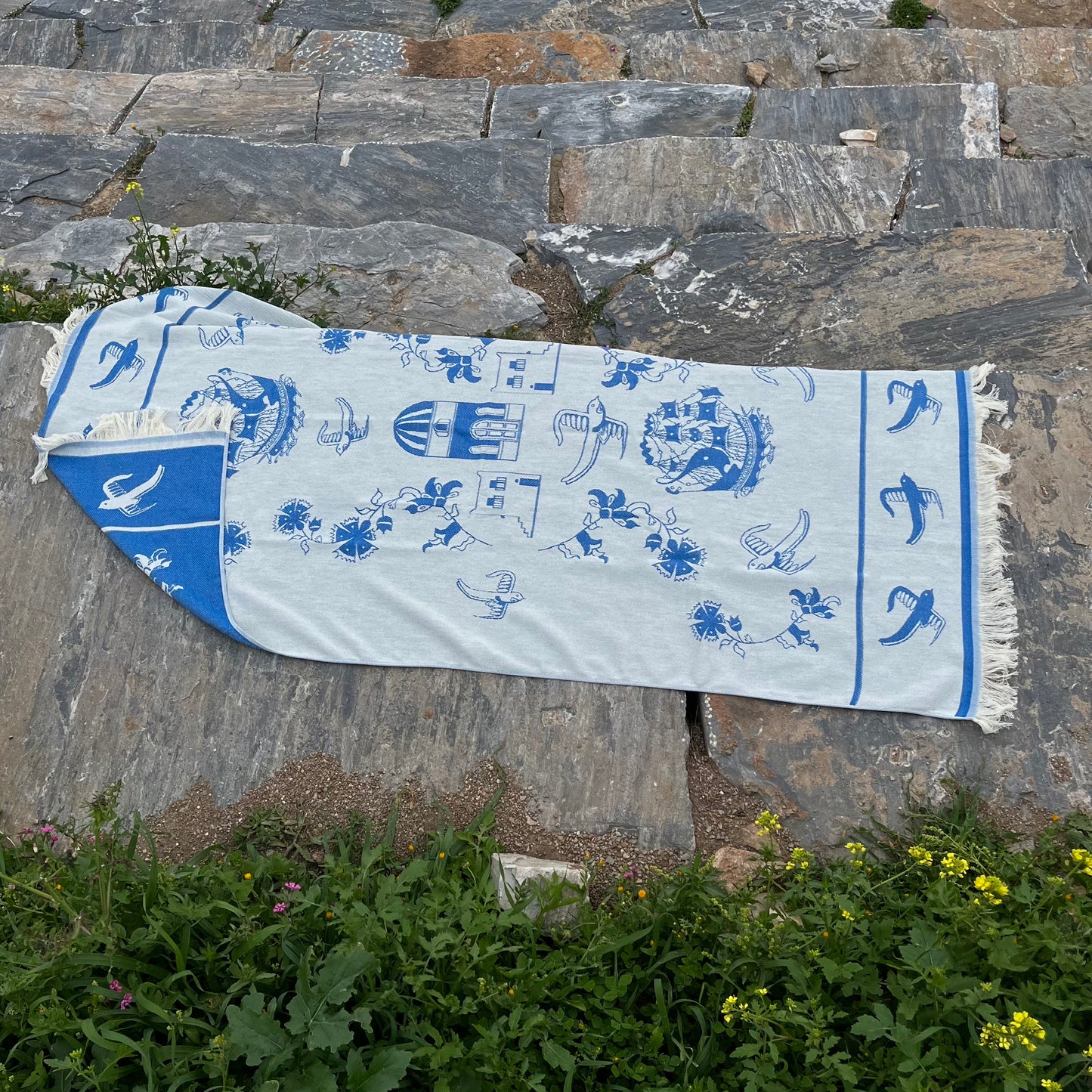 Greek village woven beach towel