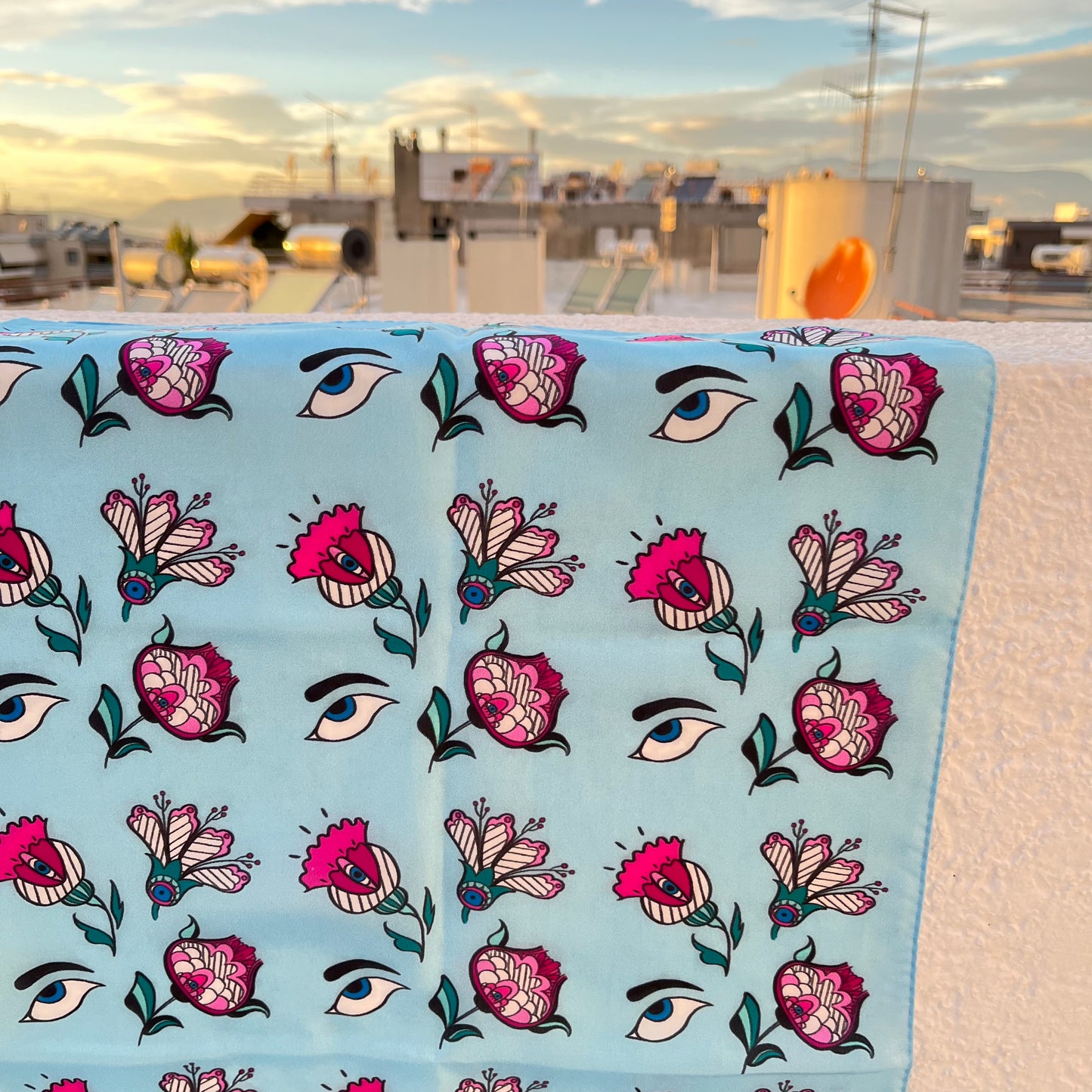 Greek silk bandana Eyes & Flowers