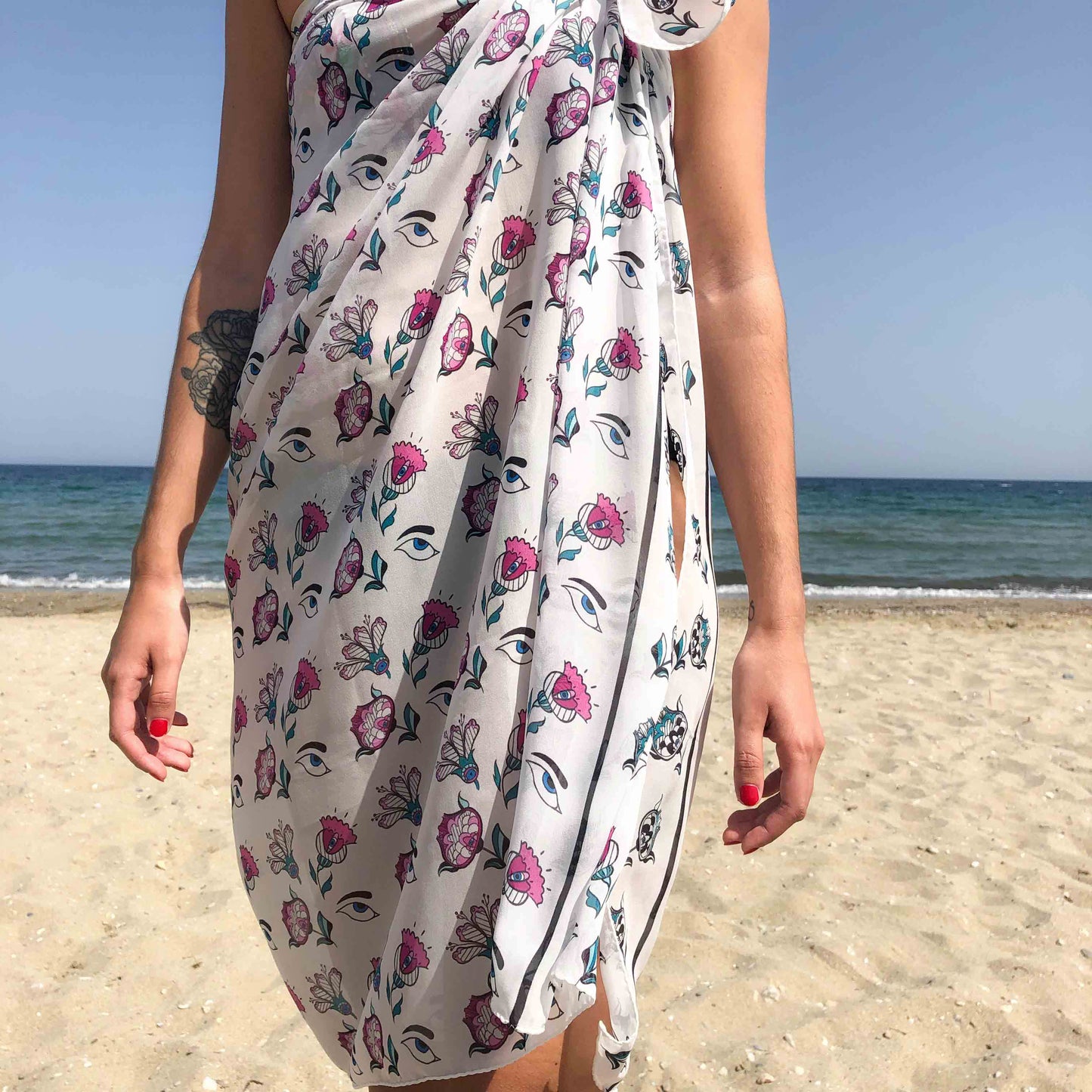Greek silk pareo Eyes & Flowers