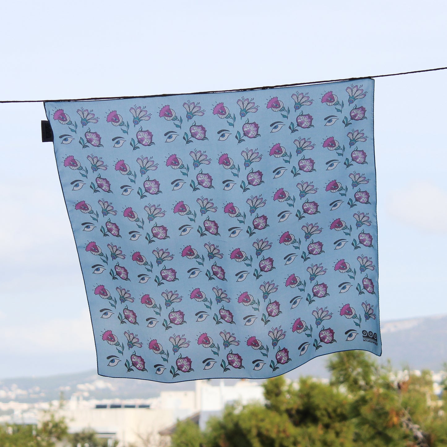 Greek silk bandana Eyes & Flowers