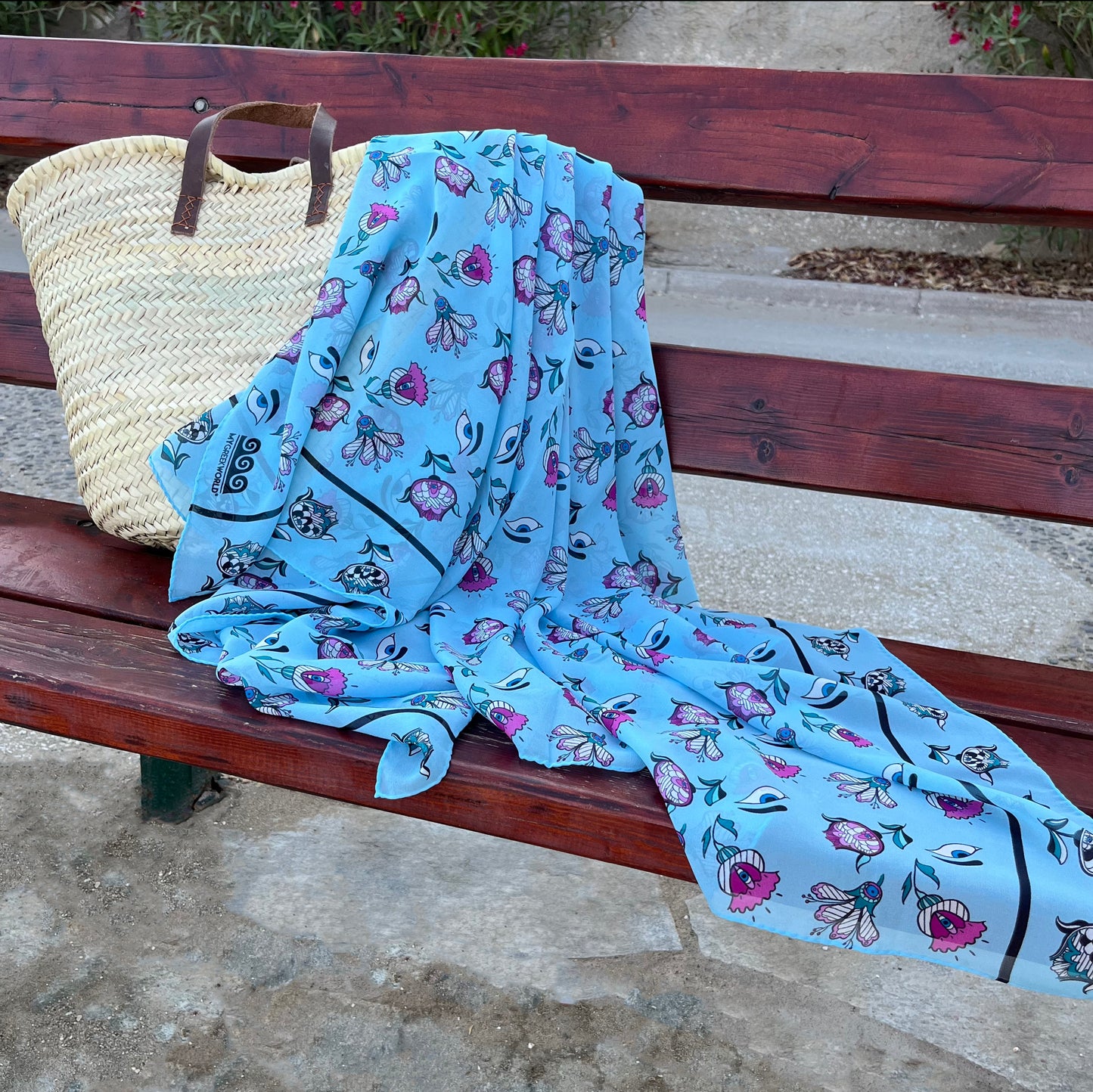 Greek silk pareo Eyes & Flowers