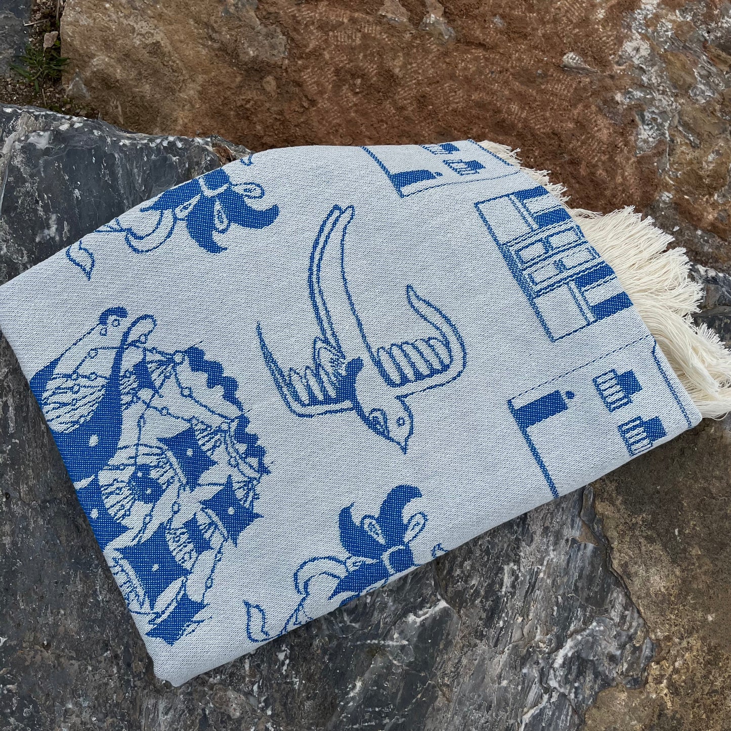Greek village woven beach towel