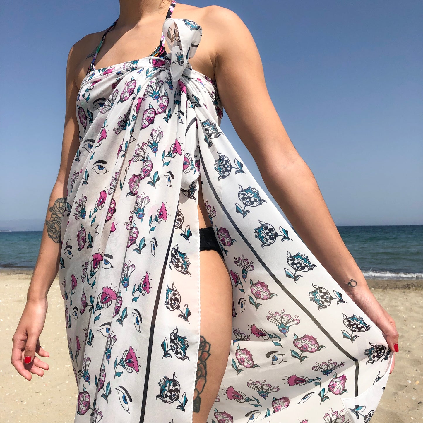 Greek silk pareo Eyes & Flowers