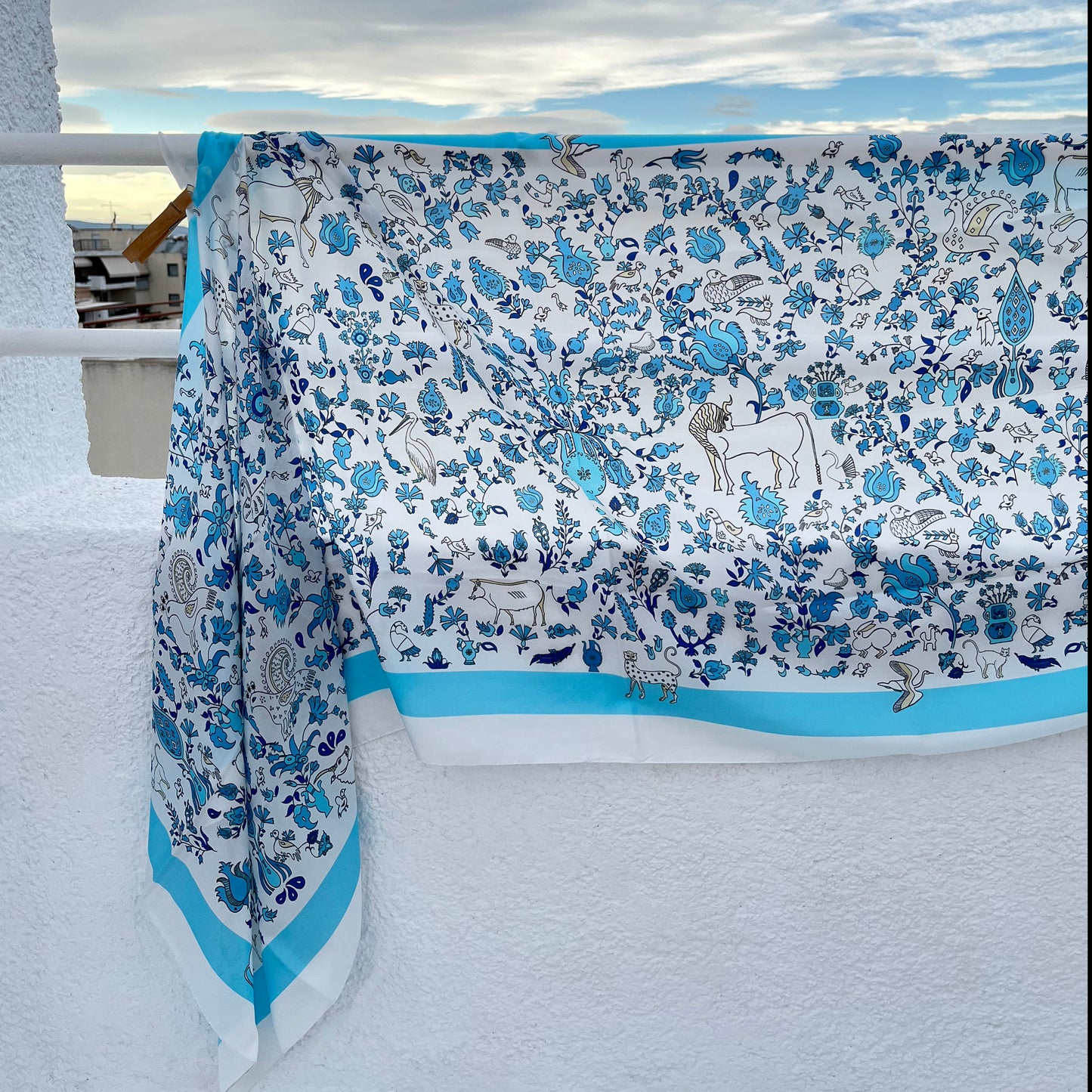 Long scarf shawl with traditional Greek animals and flowers
