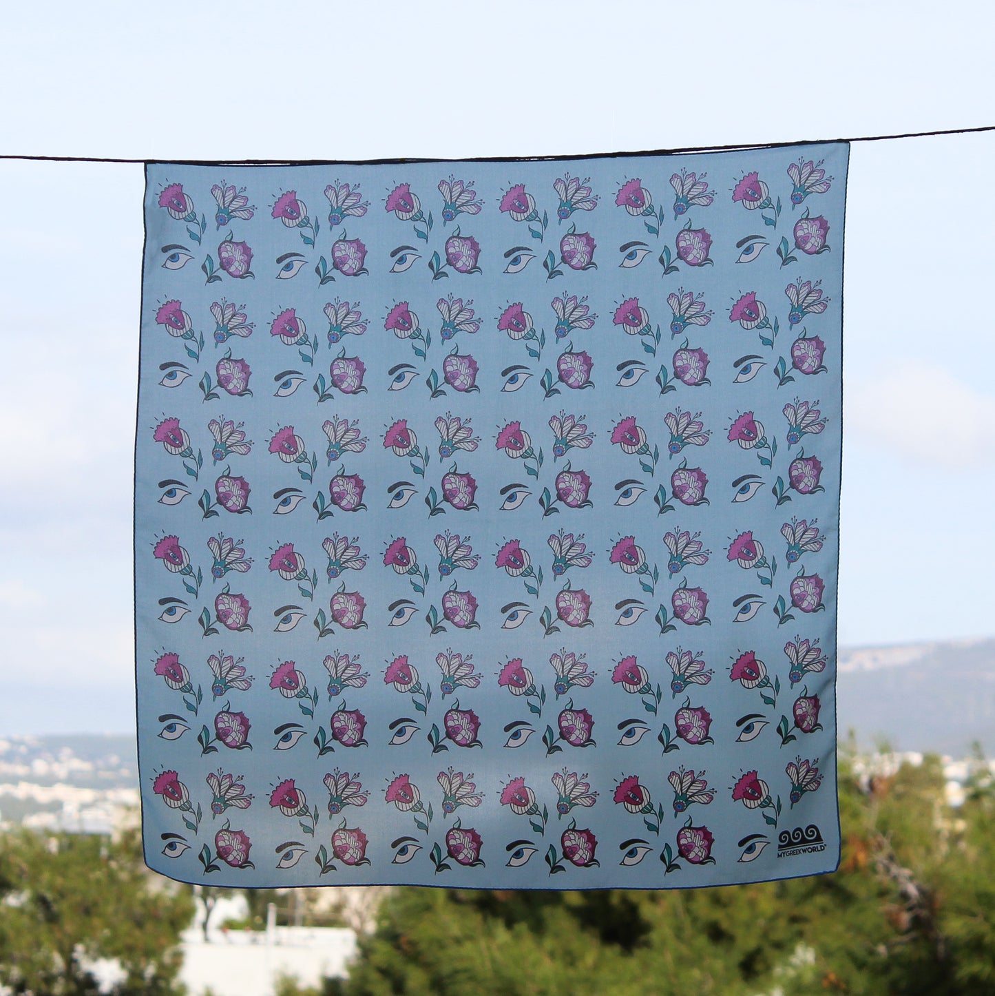 Greek silk bandana Eyes & Flowers