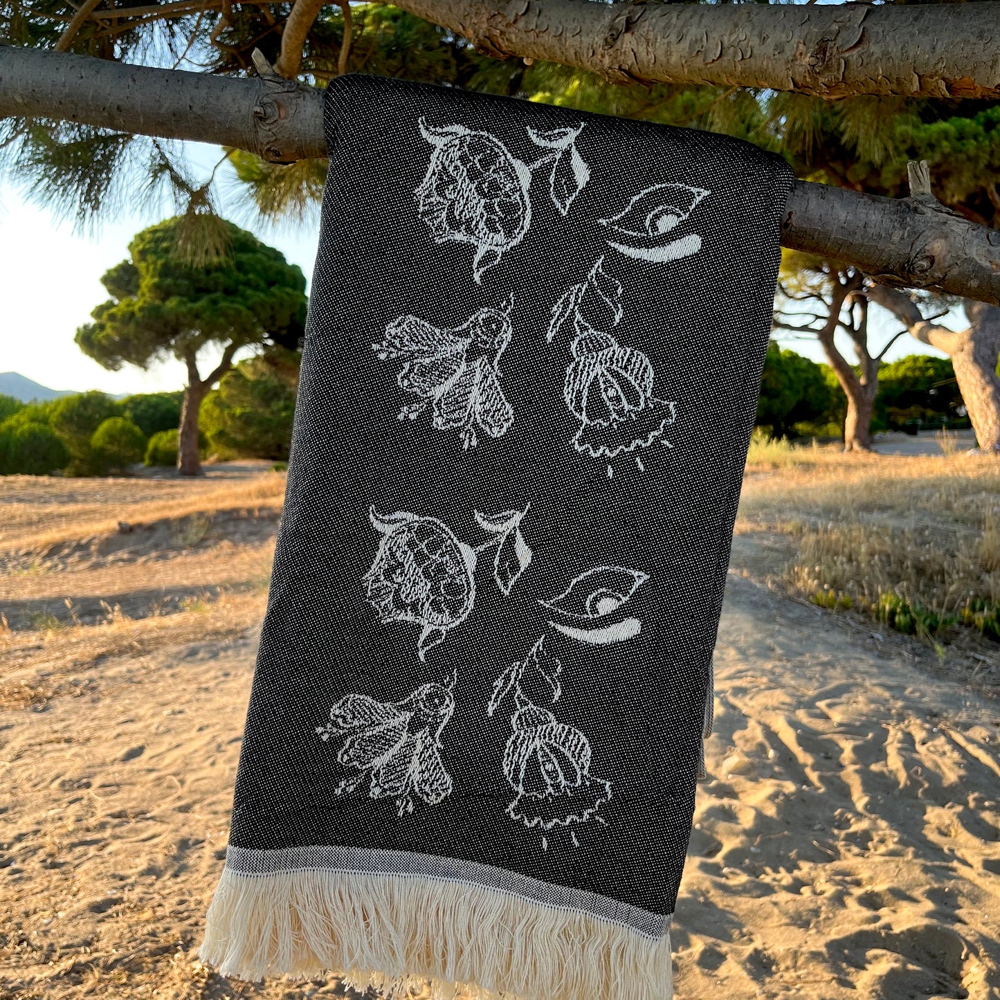 Woven beach towel Flowers and Evil Eyes