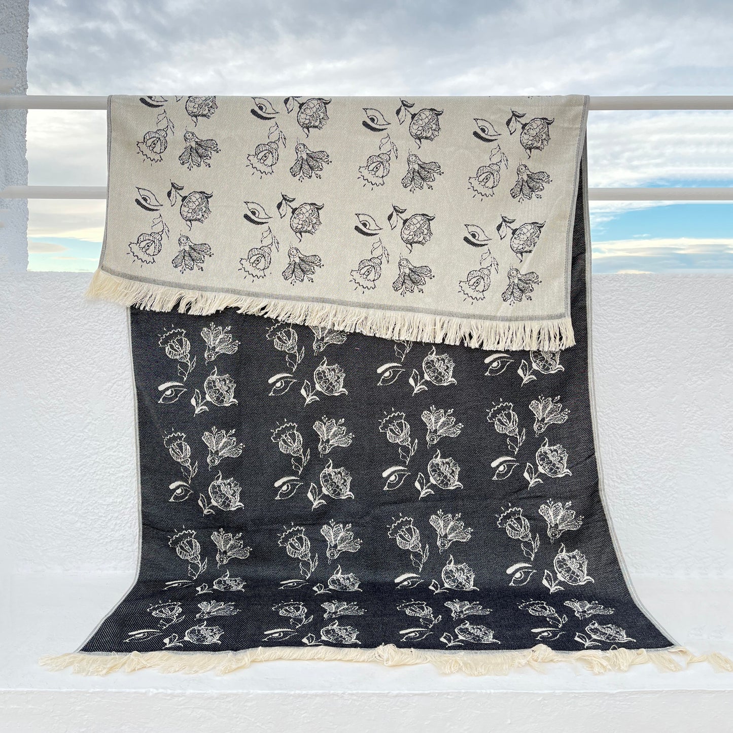 Woven beach towel Flowers and Evil Eyes