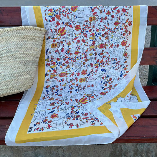 Long scarf shawl with traditional Greek animals and flowers